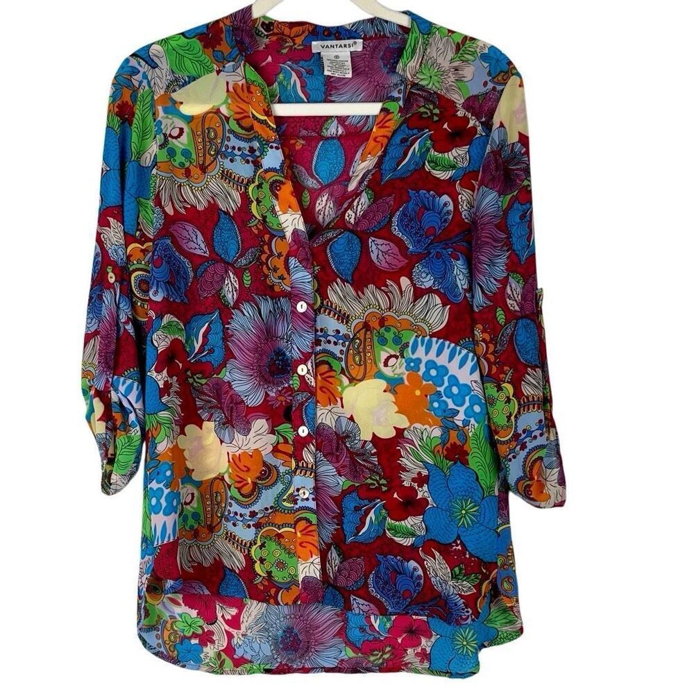 Vantarsi Floral Paisley V-neck Button Up Blouse Small